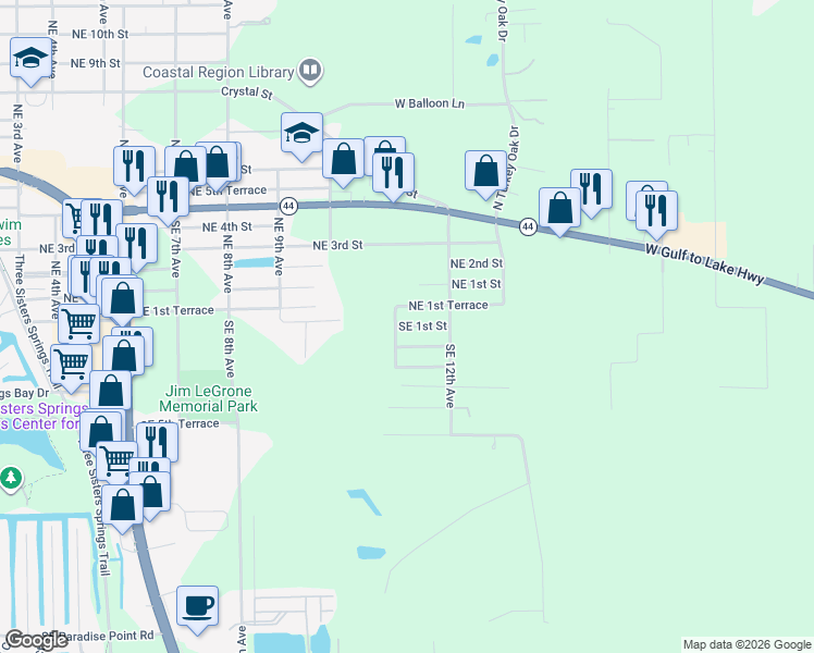 map of restaurants, bars, coffee shops, grocery stores, and more near 1113 Southeast 1st Street in Crystal River