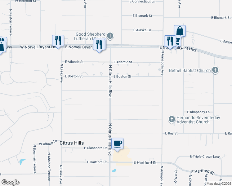 map of restaurants, bars, coffee shops, grocery stores, and more near 494 East Charleston Court in Hernando