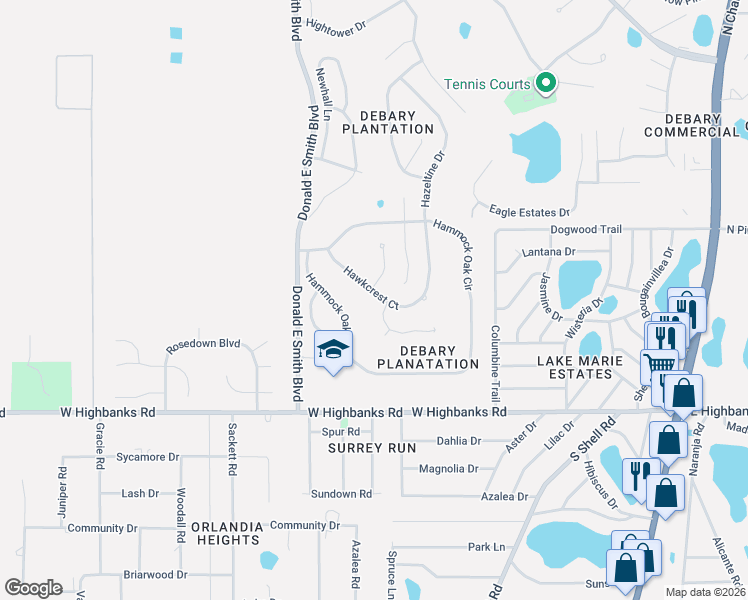 map of restaurants, bars, coffee shops, grocery stores, and more near 164 Hawkcrest Court in DeBary