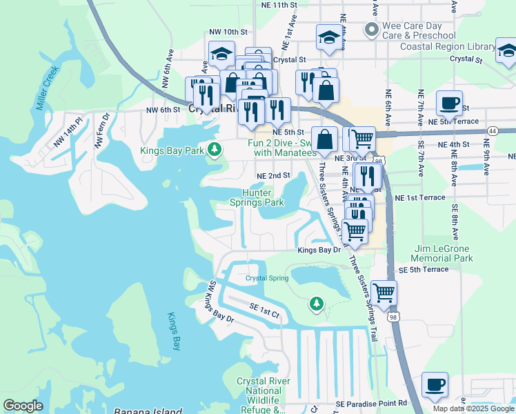 map of restaurants, bars, coffee shops, grocery stores, and more near 41 Beach Lane in Crystal River