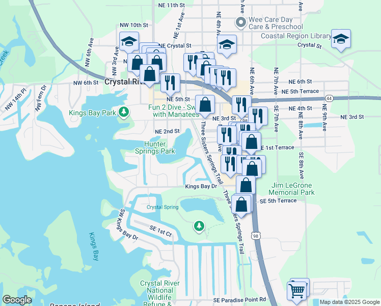 map of restaurants, bars, coffee shops, grocery stores, and more near 65 Beach Lane in Crystal River