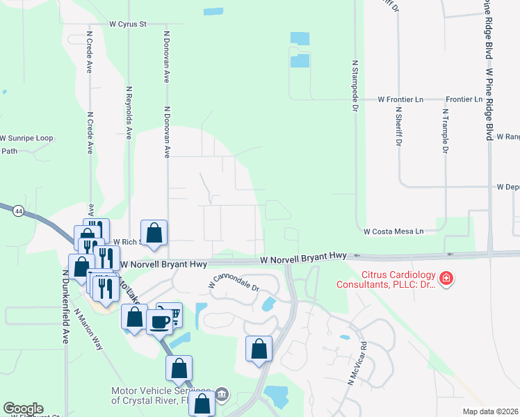 map of restaurants, bars, coffee shops, grocery stores, and more near 2203 North Cedarhouse Terrace in Crystal River