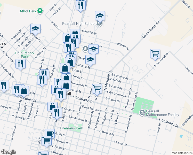 map of restaurants, bars, coffee shops, grocery stores, and more near 419 North Cedar Street in Pearsall