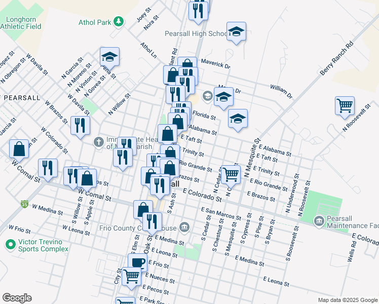 map of restaurants, bars, coffee shops, grocery stores, and more near 404 East Trinity Street in Pearsall