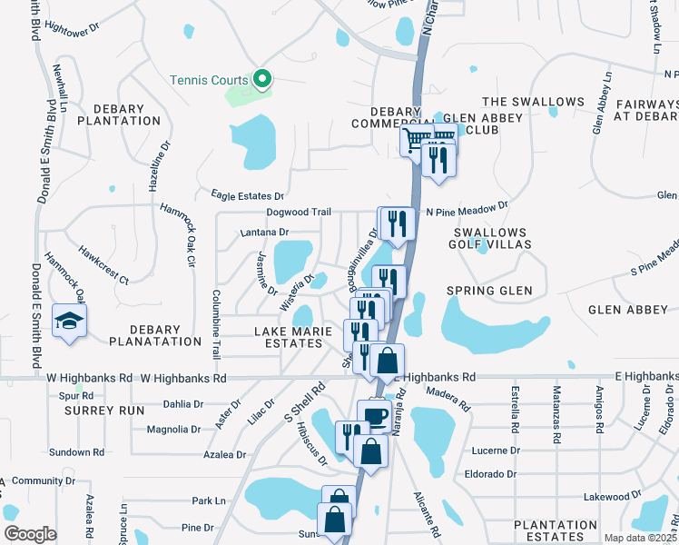 map of restaurants, bars, coffee shops, grocery stores, and more near 9 Cosmos Lane in DeBary