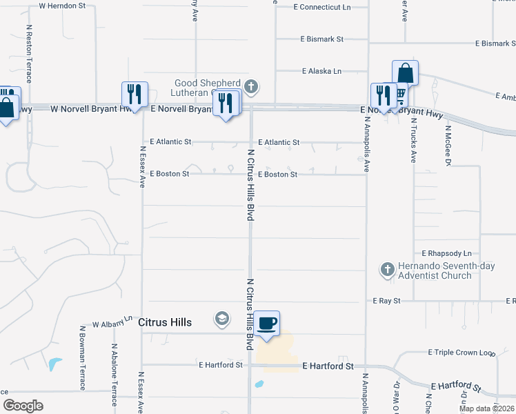 map of restaurants, bars, coffee shops, grocery stores, and more near 494 East Charleston Court in Hernando