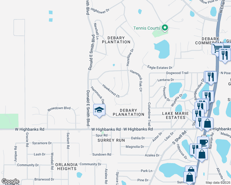 map of restaurants, bars, coffee shops, grocery stores, and more near 164 Hawkcrest Court in DeBary