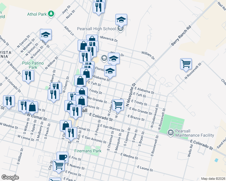 map of restaurants, bars, coffee shops, grocery stores, and more near 419 North Cedar Street in Pearsall