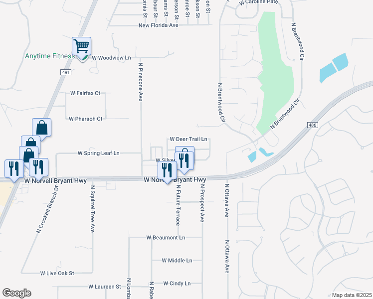 map of restaurants, bars, coffee shops, grocery stores, and more near West Shining Dawn Lane in Lecanto