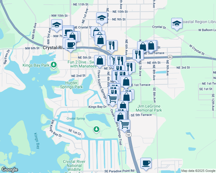 map of restaurants, bars, coffee shops, grocery stores, and more near in Crystal River