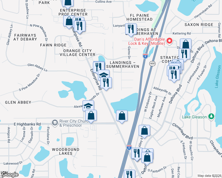 map of restaurants, bars, coffee shops, grocery stores, and more near 70 Spring Lake Drive in DeBary
