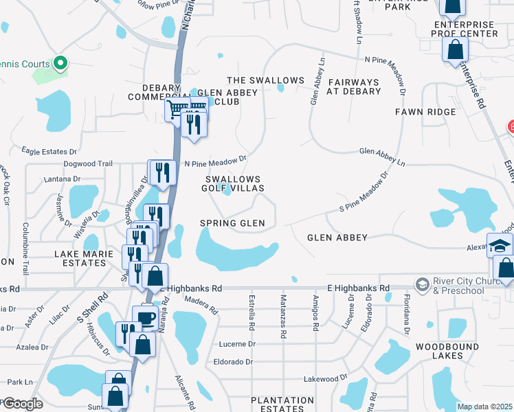 map of restaurants, bars, coffee shops, grocery stores, and more near 126 Spring Glen Drive in DeBary