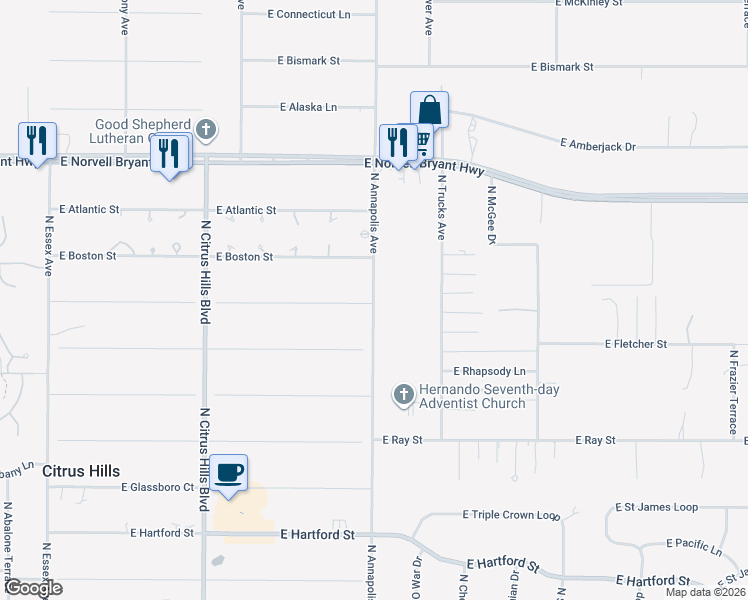 map of restaurants, bars, coffee shops, grocery stores, and more near 2127 North Annapolis Avenue in Hernando