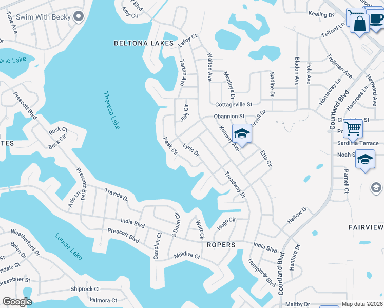 map of restaurants, bars, coffee shops, grocery stores, and more near 1106 Lyric Drive in Deltona