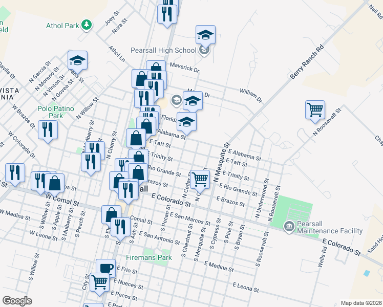 map of restaurants, bars, coffee shops, grocery stores, and more near 419 North Cedar Street in Pearsall