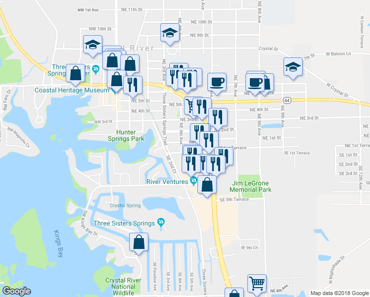 map of restaurants, bars, coffee shops, grocery stores, and more near 11 Northeast 4th Avenue in Crystal River