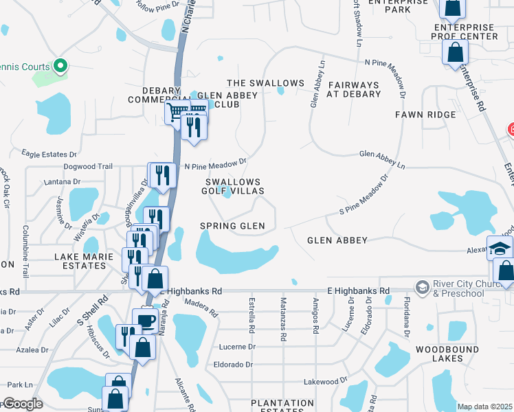 map of restaurants, bars, coffee shops, grocery stores, and more near 126 Spring Glen Drive in DeBary