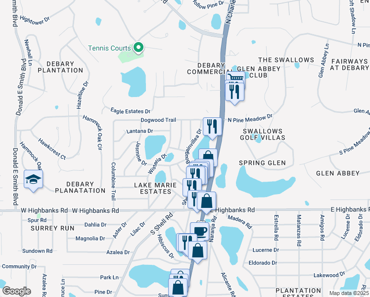 map of restaurants, bars, coffee shops, grocery stores, and more near 9 Cosmos Lane in DeBary