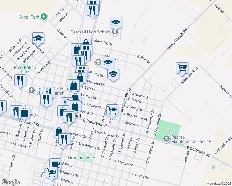 map of restaurants, bars, coffee shops, grocery stores, and more near 811 East Taft Street in Pearsall