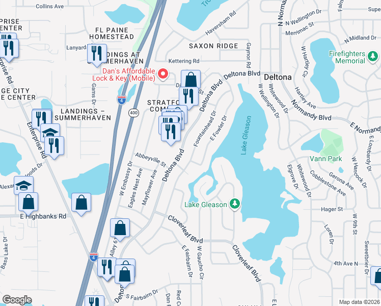 map of restaurants, bars, coffee shops, grocery stores, and more near 1154 Fountainhead Drive in Deltona