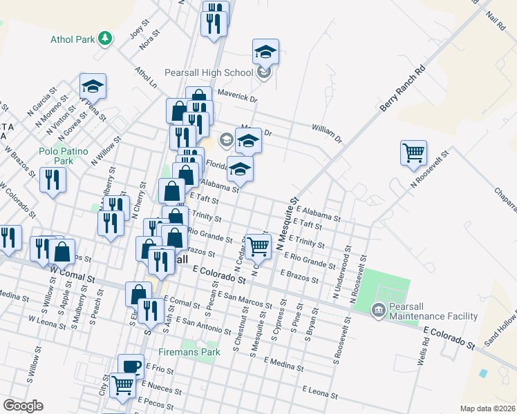 map of restaurants, bars, coffee shops, grocery stores, and more near 419 North Cedar Street in Pearsall