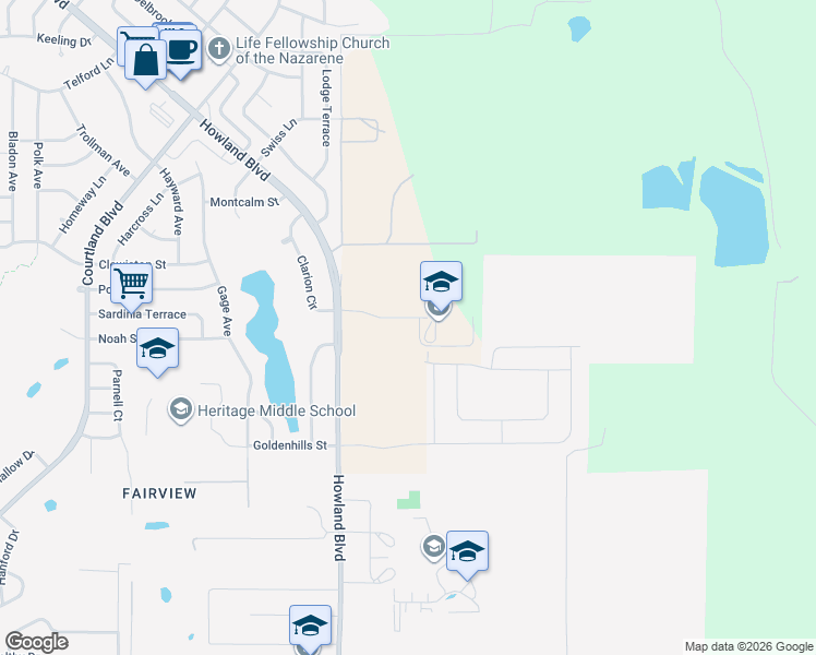map of restaurants, bars, coffee shops, grocery stores, and more near 1110 Howland Boulevard in Deltona