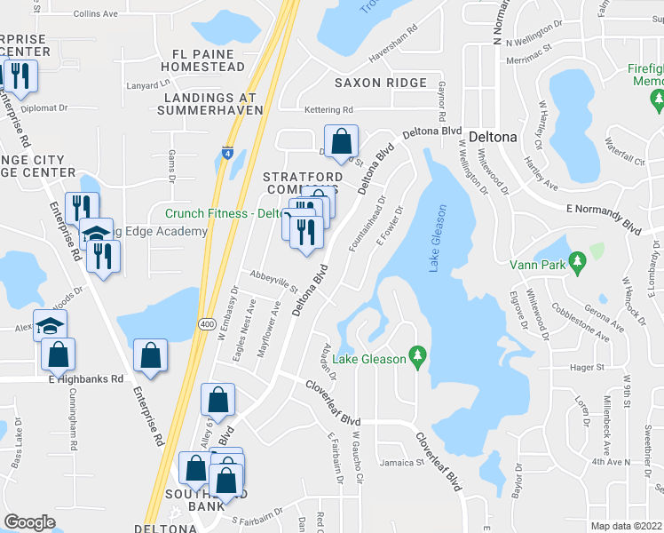 map of restaurants, bars, coffee shops, grocery stores, and more near 1159 Deltona Boulevard in Deltona