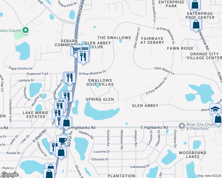 map of restaurants, bars, coffee shops, grocery stores, and more near 126 Spring Glen Drive in DeBary