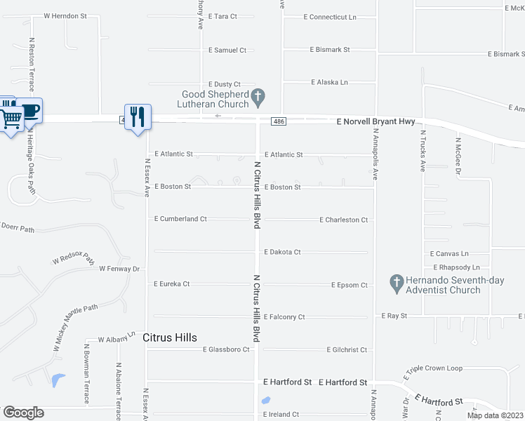 map of restaurants, bars, coffee shops, grocery stores, and more near 2167 North Citrus Hills Boulevard in Hernando