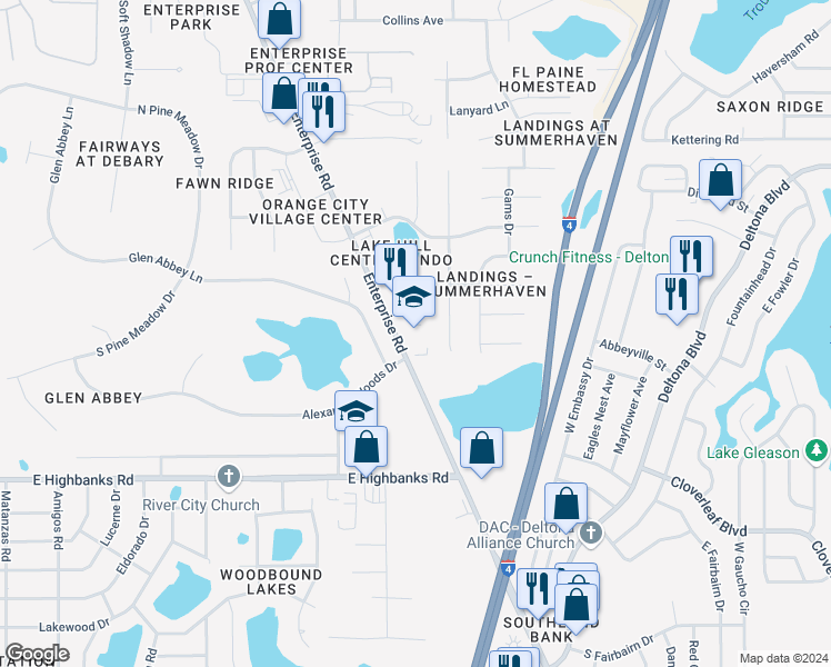 map of restaurants, bars, coffee shops, grocery stores, and more near 2975 Enterprise Road in DeBary