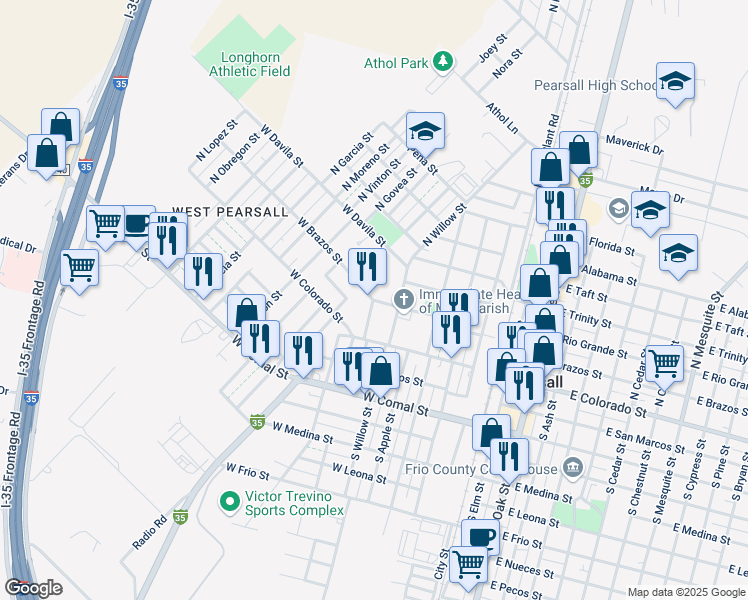 map of restaurants, bars, coffee shops, grocery stores, and more near 705 West Brazos Street in Pearsall