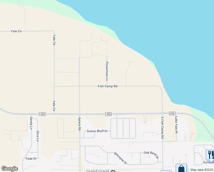 map of restaurants, bars, coffee shops, grocery stores, and more near Fish Camp Road in Grand Island