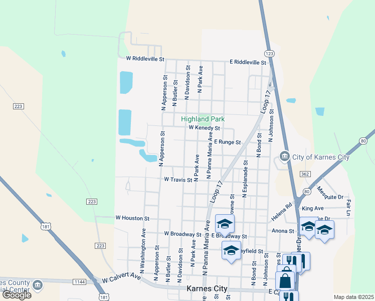 map of restaurants, bars, coffee shops, grocery stores, and more near 203 West Runge Street in Karnes City