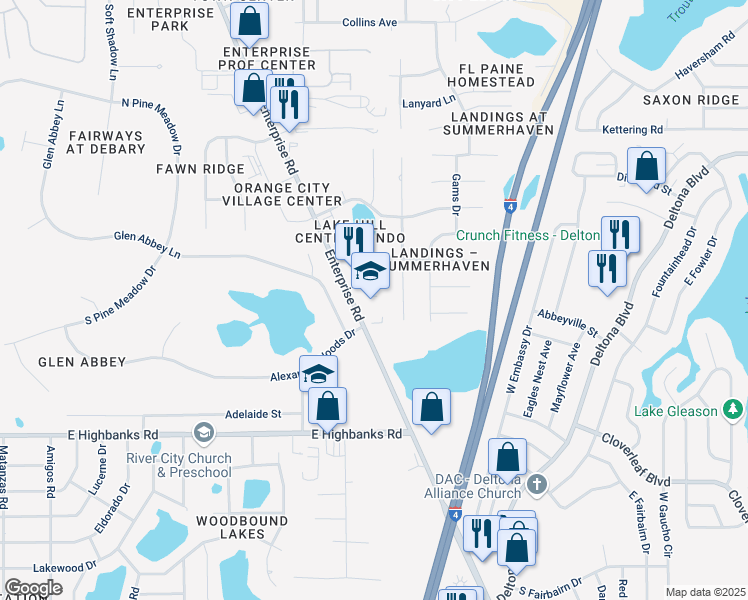 map of restaurants, bars, coffee shops, grocery stores, and more near 2975 Enterprise Road in DeBary