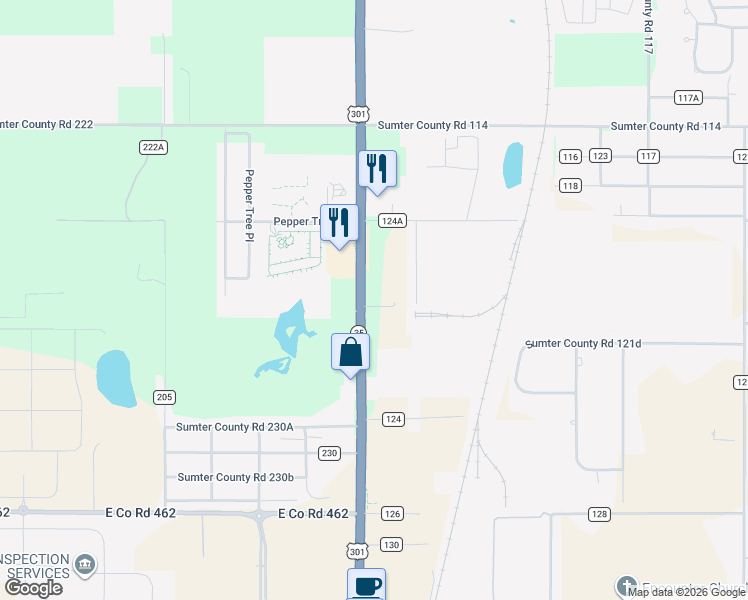map of restaurants, bars, coffee shops, grocery stores, and more near 9577 U.S. 301 in Wildwood