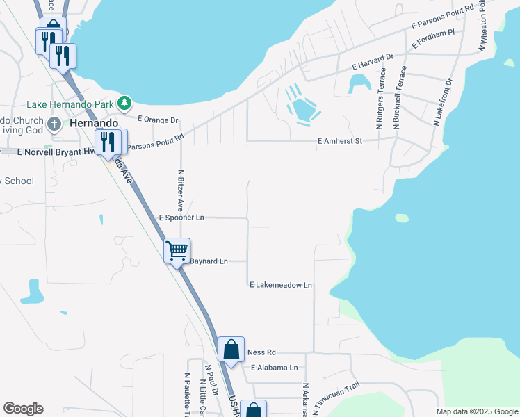 map of restaurants, bars, coffee shops, grocery stores, and more near 4149 East Spooner Lane in Hernando