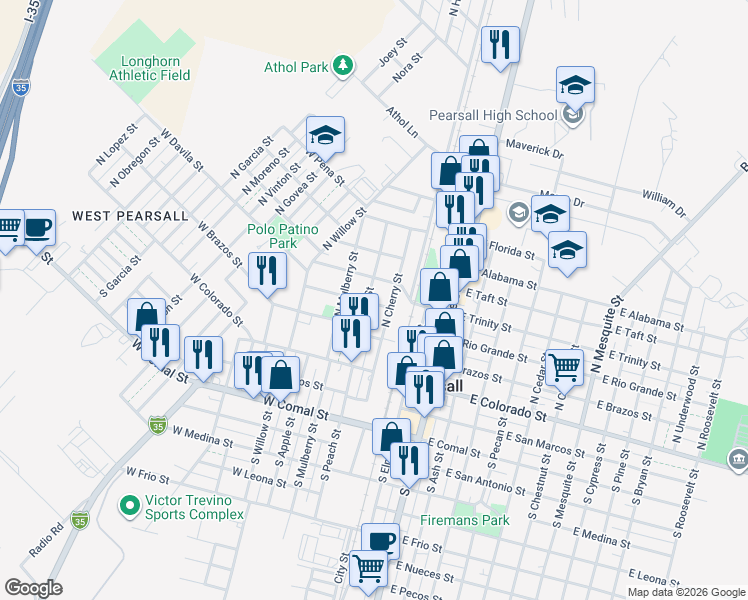map of restaurants, bars, coffee shops, grocery stores, and more near 409 North Peach Street in Pearsall