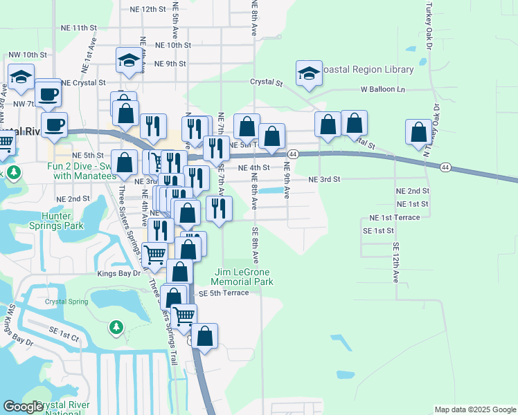 map of restaurants, bars, coffee shops, grocery stores, and more near 805 Northeast 1st Street in Crystal River