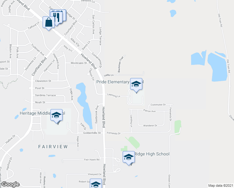map of restaurants, bars, coffee shops, grocery stores, and more near 1110 Howland Boulevard in Deltona