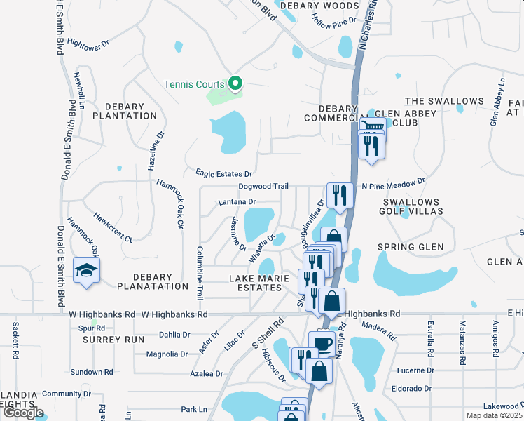 map of restaurants, bars, coffee shops, grocery stores, and more near 47 Lantana Drive in DeBary