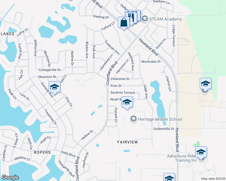 map of restaurants, bars, coffee shops, grocery stores, and more near 3205 Post Street in Deltona