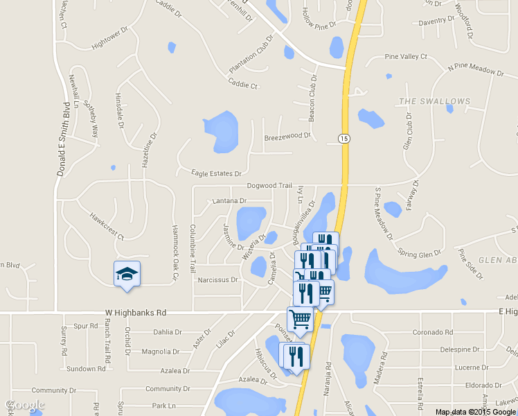 map of restaurants, bars, coffee shops, grocery stores, and more near 47 Lantana Drive in DeBary