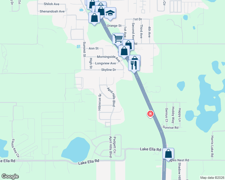 map of restaurants, bars, coffee shops, grocery stores, and more near 919 April Hills Boulevard in Lady Lake