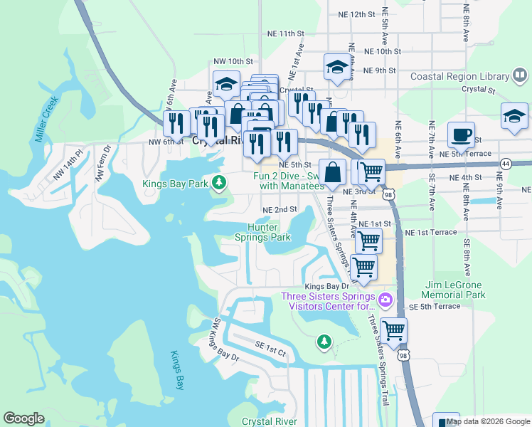 map of restaurants, bars, coffee shops, grocery stores, and more near 18 Northeast 2nd Street in Crystal River