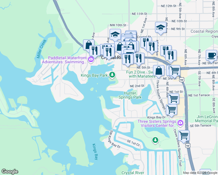 map of restaurants, bars, coffee shops, grocery stores, and more near 175 Northwest Bay Path Drive in Crystal River