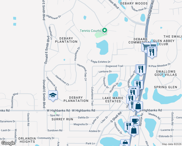 map of restaurants, bars, coffee shops, grocery stores, and more near 50 Columbine Trail in DeBary