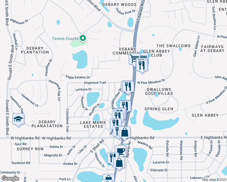 map of restaurants, bars, coffee shops, grocery stores, and more near 56 Bougainvillea Drive in DeBary