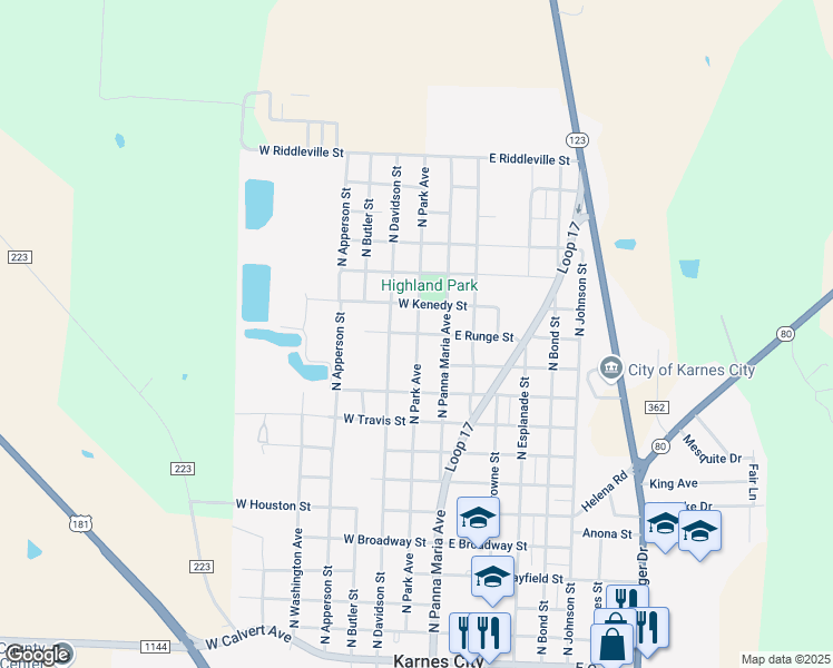 map of restaurants, bars, coffee shops, grocery stores, and more near 203 West Runge Street in Karnes City