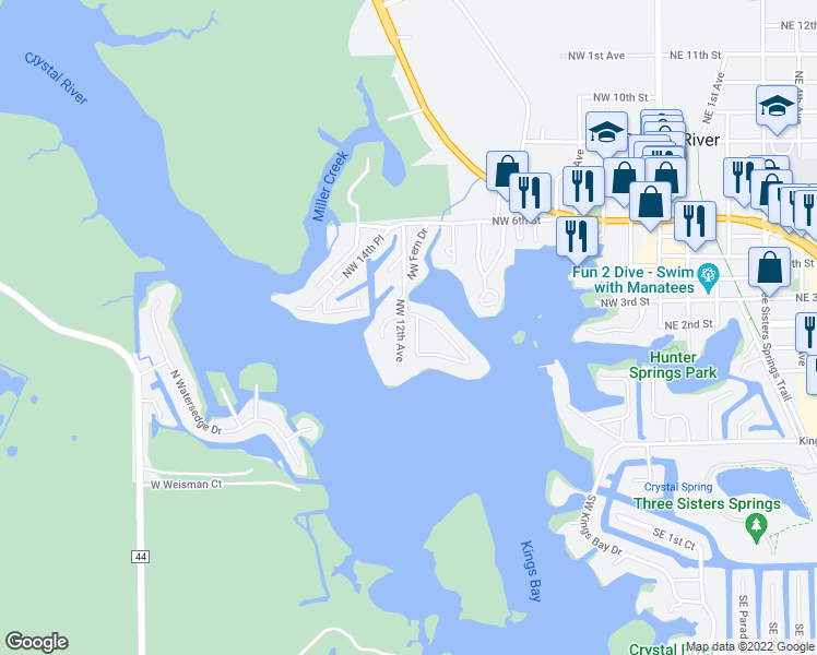 map of restaurants, bars, coffee shops, grocery stores, and more near 120 Northwest Magnolia Circle in Crystal River
