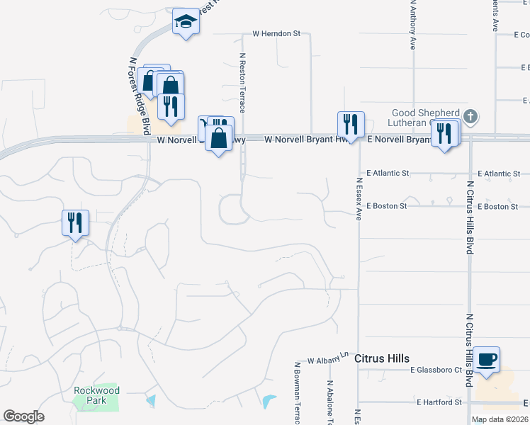map of restaurants, bars, coffee shops, grocery stores, and more near 2281 North Heritage Oaks Path in Hernando